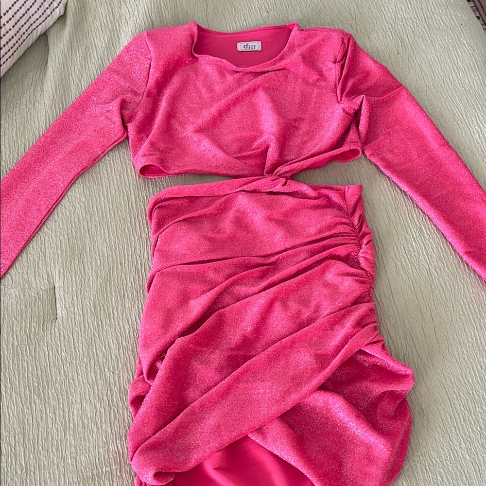 Pink Glitter Long Sleeve Crop Top Dress